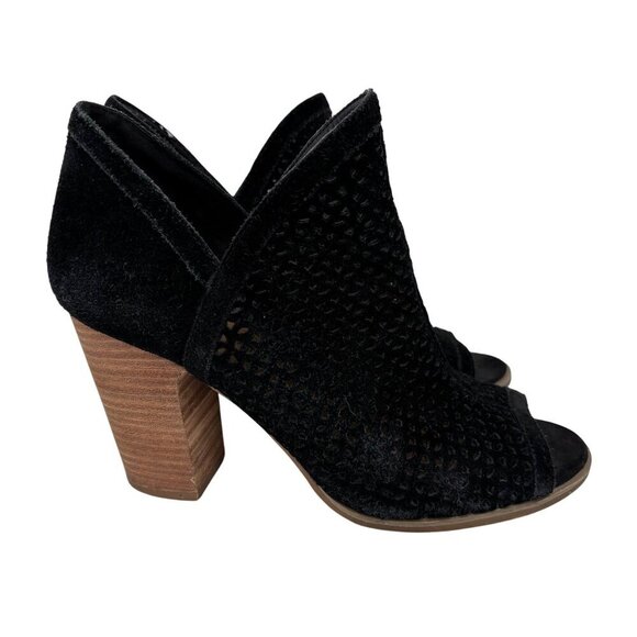Lucky Brand Perforated Leather Bootie Size 8 Black Suede Heel Peep Toe Boot - Picture 1 of 9